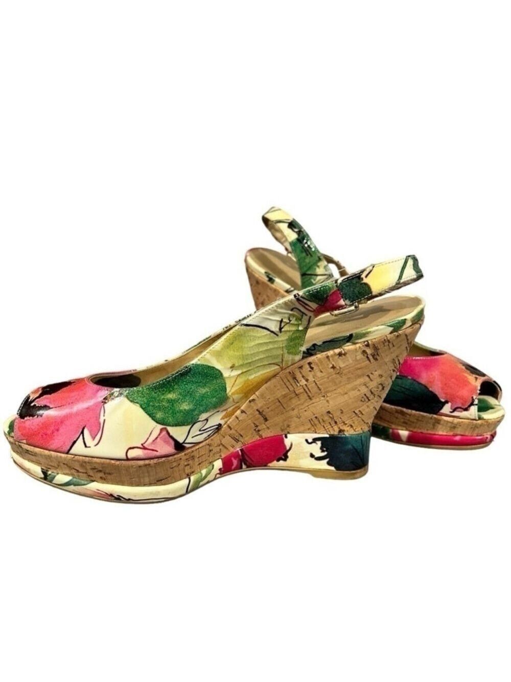 Stuart Weitzman Colorful Floral Peep Toe Wedges Cork Platform Slingback VGC 8.5 - Picture 3 of 12